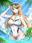  1girl bangs blonde_hair breasts chest_jewel fgsketch gem headpiece highres large_breasts long_hair mythra_(radiant_beach)_(xenoblade) mythra_(xenoblade) one-piece_swimsuit ribbed_swimsuit solo strapless strapless_swimsuit striped striped_swimsuit swept_bangs swimsuit tiara two-tone_swimsuit very_long_hair white_swimsuit xenoblade_chronicles_(series) xenoblade_chronicles_2 yellow_eyes 