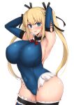  1girl alternate_breast_size bangs black_ribbon blonde_hair blue_eyes blue_leotard boots breasts covered_navel dead_or_alive dead_or_alive_5 elbow_gloves frills gloves hair_ornament hair_ribbon highres huge_breasts leotard long_hair looking_at_viewer marie_rose ribbon solo thigh_boots twintails x_hair_ornament yamaori 
