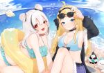  2girls absurdres beach belt bikini bird black_belt black_bow black_choker black_hair black_hairband blue_bikini blue_skirt bow breasts choker cleavage cloud collarbone commission double_bun english_commentary eyewear_on_head frilled_bikini frills hair_bun hairband harikomi highres indie_virtual_youtuber innertube leaning_forward long_hair medium_breasts mimishima_pyon multicolored_hair multiple_girls ocean penguin_hair_ornament second-party_source shimotori_rico skeb_commission skirt sky smile streaked_hair swimsuit virtual_youtuber white_hair 