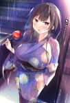  1girl bangs black_hair blue_kimono blush breasts brown_hair candy_apple commentary_request floral_print food hand_on_own_chest hands_up hirari holding holding_weapon japanese_clothes kimono large_breasts long_hair looking_at_viewer mole mole_under_eye obi open_mouth original outdoors print_kimono rain sash solo standing very_long_hair weapon wide_sleeves yukata 