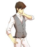  1boy bangs belt belt_buckle black_belt blue_eyes brown_hair buckle collared_shirt cross cross_necklace dress_shirt grey_vest hair_between_eyes jewelry kaiba_seto looking_at_viewer male_focus necklace pants parted_lips shirt short_hair simple_background solo standing vest vvv1356_ygo white_background white_pants white_shirt wing_collar yu-gi-oh! yu-gi-oh!_duel_monsters 