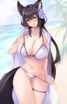  1girl :d absurdres animal_ears ass_visible_through_thighs beach bikini bikini_pull black_hair blue_archive blush breasts cleavage clothes_pull highres huge_breasts looking_at_viewer micosiva robe seductive_smile skindentation smile solo swimsuit thick_thighs thigh_strap thighs wakamo_(blue_archive) wakamo_(swimsuit)_(blue_archive) yellow_eyes 