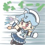  1girl :3 ahoge blue_hair blue_neckerchief blue_sailor_collar blue_skirt clothes_pin commentary_request ferretsan7 gloves gradient_hair hat kantai_collection long_hair multicolored_hair neckerchief pantyhose pleated_skirt red_eyes running sado_(kancolle) sailor_collar sailor_hat school_uniform serafuku shirt skirt sleeveless sleeveless_shirt solo speed_lines toy_airplane white_gloves white_headwear 