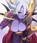  1girl breasts cleavage colored_skin crescent dagger duel_monster elbow_gloves facial_mark fur_trim gloves highres knife large_breasts leaning_forward lunalight_leo_dancer medium_hair naruyan_mk-ii open_mouth purple_skin red_eyes simple_background solo weapon white_hair yu-gi-oh! 