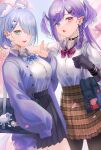  :o absurdres apex_legends bag bangs black_skirt blue_bow blue_bowtie blue_cardigan blue_eyes blue_hair blush bob_cut bone_keychain bow bowtie braid breasts brown_skirt button_gap cardigan cherry_blossoms choker cloud dragon dress dress_shirt elira_pendora ember_(selen_tatsuki) english_text eyelashes famelira_(elira_pendora) fang gfpebs hair_ornament hair_over_one_eye hairclip head_wings heterochromia highres keychain large_breasts medium_hair nijisanji nijisanji_en one_eye_covered pantyhose peppa_pig peppa_pig_(series) pig pikl_(elira_pendora) pleated_skirt pointy_ears purple_bow purple_bowtie purple_eyes purple_hair red_dress school_bag school_uniform selen_tatsuki shirt short_hair shoulder_bag siblings sisters skirt sky sleeves_past_fingers sleeves_past_wrists smile tented_shirt twin_braids virtual_youtuber white_shirt wristband x_hair_ornament 