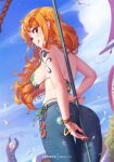  1boy 1girl :q arm_tattoo ass back bangs bare_back bikini blue_pants blush bracelet breasts cowboy_shot day denim earrings from_behind green_bikini holding holding_polearm holding_weapon jeans jewelry large_breasts long_hair looking_at_viewer looking_back mitsu_(mitsu_art) nami_(one_piece) one_piece orange_hair outdoors pants polearm red_eyes sanji side-tie_bikini solo_focus standing string_bikini swimsuit tattoo thigh_gap tongue tongue_out very_long_hair weapon 