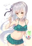  1girl bikini breasts brown_eyes commentary_request cowboy_shot green_bikini green_skirt grey_hair highres kasumi_(kancolle) konishi_(koconatu) long_hair nueco pleated_skirt shaved_ice side_ponytail simple_background skirt small_breasts solo swimsuit white_background 