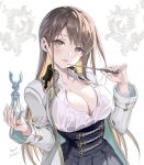  1girl banned_artist breasts brown_eyes brown_hair cleavage collar corset earrings highres jewelry large_breasts lips long_hair looking_at_viewer midori_foo military military_uniform original unbuttoned unbuttoned_shirt uniform upper_body wrinkled_fabric 