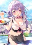  1girl :d bangs beach blue_sky blush breasts cleavage collarbone commentary_request day detached_collar flower hair_between_eyes hibiscus highres holding holding_tray horizon looking_at_viewer maid maid_headdress medium_breasts mikeou navel ocean open_mouth original outdoors parfait pelvic_curtain purple_eyes purple_hair sky smile solo standing sunlight tray wrist_cuffs 