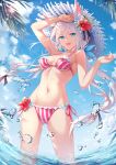  1girl :d animal_ears arm_up armpits ass_visible_through_thighs bare_arms bare_shoulders bikini blue_eyes breasts day flower fox_ears frilled_bikini frills fuuro_(johnsonwade) hair_flower hair_ornament halterneck hat hibiscus highres long_hair looking_at_viewer low_twintails medium_breasts navel open_mouth original outdoors red_bikini side-tie_bikini smile solo standing stomach straw_hat string_bikini striped striped_bikini swimsuit thighs twintails very_long_hair wading water white_hair white_headwear 