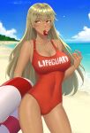  1girl absurdres ass_visible_through_thighs bare_shoulders beach blonde_hair blush breasts cleavage cloud collarbone commission covered_navel cowboy_shot dark_skin day fire_emblem fire_emblem:_the_binding_blade highres holding igni_tion igrene_(fire_emblem) large_breasts lifebuoy lifeguard long_hair looking_to_the_side mouth_hold ocean one-piece_swimsuit outdoors red_swimsuit sand sky solo standing swimsuit very_long_hair water whistle whistle_around_neck yellow_eyes 