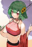  1girl alternate_costume blush bra breasts flower green_hair hair_flower hair_ornament highres holding holding_umbrella kazami_yuuka medium_breasts midriff navel parasol plaid plaid_bra plaid_skirt pocche-ex red_bra red_eyes red_skirt skirt sunflower touhou umbrella underwear 