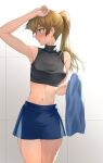  1girl arm_up bangs bare_arms bare_shoulders blonde_hair blue_skirt blush breasts commentary_request fingernails high_ponytail highres holding holding_towel long_hair looking_to_the_side medium_breasts midriff navel open_mouth ponytail rourou_ill simple_background skirt sleeveless stomach sweat sweatdrop tank_top tenjouin_asuka towel turtleneck yellow_eyes yu-gi-oh! yu-gi-oh!_gx 