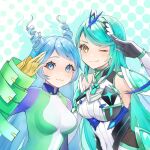  2girls armor artist_request bangs blush boku_no_hero_academia breasts chest_jewel cleavage crossover earrings gem gloves green_eyes green_hair hair_ornament headpiece horns jewelry large_breasts long_hair looking_at_viewer multiple_girls mythra_(massive_melee)_(xenoblade) mythra_(xenoblade) one_eye_closed pneuma_(xenoblade) simple_background smile super_smash_bros. swept_bangs tiara very_long_hair xenoblade_chronicles_(series) xenoblade_chronicles_2 
