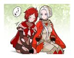  2girls armor black_gloves blurry blurry_background blush cape closed_eyes closed_mouth earrings edelgard_von_hresvelg fire_emblem fire_emblem:_three_houses fire_emblem_warriors:_three_hopes gloves green_background highres jewelry leaf leaf_background long_hair looking_at_another looking_down monica_von_ochs multiple_girls nieto_tokage official_alternate_costume official_alternate_hairstyle purple_eyes red_cape red_hair short_hair simple_background sitting sweatdrop translation_request white_hair zettai_ryouiki 