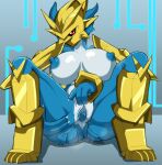 absurd_res anthro anus armor bandai_namco big_breasts blue_body bodily_fluids breasts claws digimon digimon_(species) female genital_fluids genitals headgear helmet hi_res looking_at_viewer loquillo66 magnamon multicolored_body nipples pussy pussy_juice red_eyes simple_background solo spread_pussy spreading thick_thighs two_tone_body wide_hips 