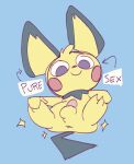  anus balls blush erection genitals male nintendo penis pichu pok&eacute;mon pok&eacute;mon_(species) simple_background simple_eyes smile solo tempura_puppy text video_games yellow_body 