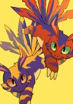  bandai_namco claws digimon digimon_(species) duo elecmon fangs feral fur green_eyes hi_res looking_at_viewer nuitt purple_body purple_fur quadruped red_body red_fur simple_background yellow_background 