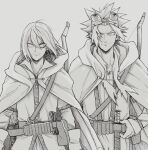  2boys absurdres akaboshi_bisco belt belt_pouch bow_(weapon) cloak florbetriz goggles goggles_on_head greyscale hair_between_eyes hand_on_belt highres hood hood_down looking_at_viewer male_focus monochrome multiple_boys nekoyanagi_milo pouch quiver sabikui_bisco spiked_hair standing weapon wind 