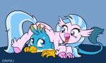  2018 avian beak blue_body blue_eyes blue_feathers blue_mane blue_tail digital_media_(artwork) duo empyu european_mythology feathers female fingers friendship_is_magic gallus_(mlp) greek_mythology gryphon happy hasbro hippogriff hooves long_tail male mane my_little_pony mythological_avian mythology open_mouth pink_beak pink_body pink_feathers purple_eyes signature silverstream_(mlp) smile wings yellow_beak 