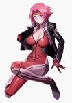 1girl black_jacket blue_eyes blush bodysuit breasts center_opening cleavage code_geass commentary embarrassed english_commentary flipped_hair full_body headband highres jacket kallen_stadtfeld large_breasts leather leather_jacket long_sleeves looking_at_viewer narrow_waist partially_unzipped pilot_suit pink_hair red_bodysuit red_headband short_hair simple_background skin_tight solo spiked_hair yukotaruma 