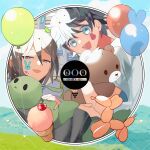  2boys :d balloon balloon_animal black_hair blue_eyes blue_pupils brothers brown_hair chinese_commentary commentary_request confetti copyright_name food highres holding holding_stuffed_toy ice_cream isoi_haruki isoi_reiji_(rei-kun) male_focus meebo multiple_boys open_mouth orange_eyes saibou_shinkyoku short_hair siblings smile stuffed_animal stuffed_toy teddy_bear 
