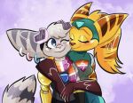  &lt;3 angela_cross anthro blush duo eyes_closed female female/female fur hair insomniac_games lombax mammal one_eye_closed ponytail prosthetic prosthetic_arm prosthetic_limb ratchet_and_clank rivet_(ratchet_and_clank) romantic romantic_couple sony_corporation sony_interactive_entertainment stripes video_games yellow_body yellow_fur 