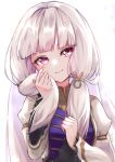  1girl absurdres artist_name bangs blunt_bangs closed_mouth commentary dress fire_emblem fire_emblem:_three_houses fire_emblem_warriors:_three_hopes gold_trim hand_in_own_hair highres juliet_sleeves long_hair long_sleeves lysithea_von_ordelia official_alternate_costume official_alternate_hairstyle pink_eyes puffy_sleeves purple_dress smile solo ta1sh1 two-tone_dress very_long_hair white_background white_dress white_hair wide_sleeves 