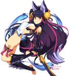  1girl :3 animal_ears arm_up artist_name bangs bare_shoulders bell black_gloves black_hair black_socks blunt_bangs breasts commentary elbow_gloves english_commentary erune fingerless_gloves full_body gloves granblue_fantasy hair_bell hair_ornament jingle_bell kneehighs long_hair looking_at_viewer medium_breasts paid_reward_available purple_eyes simple_background smile socks solo squeezable_(artist) stirrup_legwear sword tail toeless_legwear v-shaped_eyebrows very_long_hair weapon white_background yuel_(granblue_fantasy) 