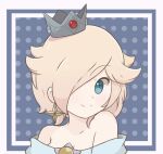  1girl alternate_hairstyle bangs blonde_hair blue_eyes border brooch chocomiru closed_mouth crown earrings jewelry looking_at_viewer mario_(series) polka_dot polka_dot_background rosalina short_hair smile solo super_mario_galaxy super_mario_galaxy_2 tiara upper_body 