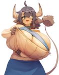  1girl absurdres adjusting_clothes animal_ears bare_shoulders black_hair blue_eyes borrowed_character breasts cleavage cow_ears cow_girl cow_horns cow_tail eyepatch gigantic_breasts highres horns looking_at_viewer medium_hair monster_girl naze original solo sweater tail upper_body white_background 