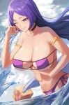 1girl absurdres armlet bangs bare_shoulders bikini breasts choker cleavage eyepatch_bikini fate/grand_order fate_(series) grin highres large_breasts long_hair low-tied_long_hair minamoto_no_raikou_(fate) minamoto_no_raikou_(swimsuit_lancer)_(fate) one_eye_closed outdoors parted_bangs partially_submerged purple_bikini purple_eyes purple_hair rororo side-tie_bikini smile strapless strapless_bikini swimsuit underboob very_long_hair water 