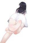  1girl ass bare_legs barefoot black_hair blue_eyes blush dress feet foot_focus foot_up from_behind highres long_hair looking_at_viewer looking_back lying off_shoulder on_stomach original saki_chisuzu soles solo thighs white_background white_dress 