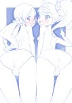  2girls ass back bangs bent_over blue_theme blush breasts cameltoe commentary crotch_seam from_behind glasses hair_ribbon hanasaki_tsubomi heartcatch_precure! highres leaning_forward long_hair looking_at_viewer looking_back low_twintails miyagoe_yoshitsuki monochrome multiple_girls natsuumi_manatsu nipples open_mouth outside_border panties precure ribbon rimless_eyewear round_eyewear series_connection side-by-side side_ponytail small_breasts smile standing topless trefoil tropical-rouge!_precure twintails underwear underwear_only v 