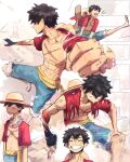  1boy absurdres black_hair closed_eyes haki hand_on_own_knee hat highres instagram_logo instagram_username monkey_d._luffy one_piece scar scar_on_chest short_hair smile stephengiannart straw_hat teeth torn_clothes twitter_logo twitter_username 