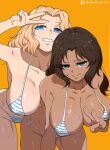  2girls bare_shoulders bent_over bikini blonde_hair blue_eyes breast_hold breasts brown_hair cleavage collarbone covered_nipples cowboy_shot dark-skinned_female dark_skin el_(girls_und_panzer) girls_und_panzer green_eyes grin hair_intakes hanging_breasts highres jitome kay_(girls_und_panzer) large_breasts looking_at_viewer matching_hairstyle matching_outfit micro_bikini multiple_girls orange_background side-tie_bikini simple_background smile string_bikini striped striped_bikini swimsuit takefu_jiin twitter_username v 