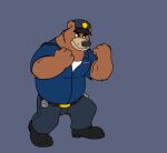  2022 animated anthro black_nose bottomwear brok_the_investigator brown_body brown_fur clothing cowcatgames fur humanoid_hands male mammal official_art overweight overweight_male pants police police_badge police_hat police_officer police_uniform r.j._(brok_the_investigator) shirt solo topwear uniform ursid video_games 
