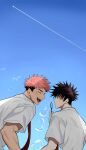  2boys absurdres aircraft airplane bangs black_hair blue_sky blush bubble bubble_blowing bubble_wand closed_eyes day facial_mark facing_another fushiguro_megumi green_eyes happy highres itadori_yuuji jujutsu_kaisen male_focus multiple_boys necktie open_mouth outdoors pink_hair red_necktie shirt short_hair short_sleeves sky smile somwang_07 spiked_hair symbol-only_commentary undercut white_shirt yaoi 