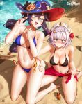  2girls absurdres bare_legs barefoot beach bikini black_bikini black_hair blue_bikini blush breasts copyright_name flower genshin_impact green_eyes grey_eyes grey_hair hair_flower hair_ornament hand_on_another&#039;s_ass hands_up hat highres kellzallday large_breasts long_hair medium_breasts mona_(genshin_impact) multiple_girls navel noelle_(genshin_impact) open_mouth red_flower red_rose rose sand short_hair signature smile swimsuit water witch_hat yuri 
