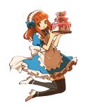  1girl :o apron back_bow bangs birthday_cake black_thighhighs blue_bow blue_dress blunt_bangs bow cake character_name dress floating food frilled_apron frilled_dress frills girls_und_panzer hair_bow highres holding holding_tray large_bow legs_up long_hair looking_at_viewer maid_apron maid_headdress medium_dress open_mouth orange_eyes orange_hair puffy_short_sleeves puffy_sleeves ri_(qrcode) shoes short_sleeves simple_background solo takebe_saori thighhighs tray white_apron white_background white_footwear 