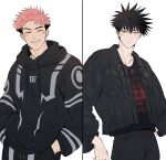  2boys absurdres alternate_costume bangs black_hair black_hoodie black_jacket black_pants black_shirt blush closed_eyes closed_mouth collarbone commentary_request facial_mark fushiguro_megumi green_eyes grin hair_between_eyes hands_in_pockets highres hood hood_down hoodie itadori_yuuji jacket jujutsu_kaisen long_sleeves looking_at_another male_focus multiple_boys open_clothes open_jacket pants pink_hair shirt short_hair simple_background smile somwang_07 spiked_hair two-tone_hoodie undercut white_background yaoi 