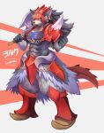  abs anthro armor axe battle_axe blue_eyes canid canine canis clothing dragon ear_piercing footwear fur grey_body grey_fur headgear helmet hi_res hybrid larc_(mana) legend_of_mana male mammal mana_(series) melee_weapon ocaritna piercing scales scaly_tail simple_background solo square_enix standing video_games weapon weapon_on_shoulder wolf 