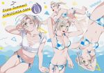  1girl absurdres antenna_hair ball beachball bikini blue_bikini breasts cleavage commentary_request cowboy_shot floral_print frilled_bikini_bottom full_body green_eyes grey_hair grin highres kantai_collection kinugasa_(kancolle) looking_at_viewer medium_breasts multiple_views official_alternate_costume ojipon shirt short_twintails side-tie_bikini sitting smile swimsuit tied_shirt twintails white_shirt 