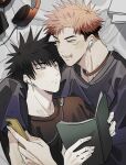  2boys absurdres arm_around_shoulder bangs black_hair black_shirt blush book cellphone choker closed_mouth commentary_request earbuds earphones facial_mark fushiguro_megumi green_eyes hair_between_eyes headphones headphones_removed highres holding holding_book holding_phone itadori_yuuji jujutsu_kaisen long_sleeves looking_at_another lying male_focus multiple_boys phone pink_hair scar scar_on_face shared_earphones shirt short_hair smartphone somwang_07 spiked_hair undercut yaoi 