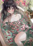  1girl bangs bathtub blush breasts brown_hair candle faucet flower hair_between_eyes hand_up highres long_hair looking_at_viewer messy_hair mole mole_on_breast nude original pale_skin parted_lips partially_submerged petals purple_eyes saya_(mychristian2) side_ponytail solo water 
