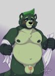  2022 anthro balls belly black_nose blush canid canine deckler flaccid genitals green_body hi_res hsketch4 humanoid_genitalia humanoid_hands humanoid_penis male mammal navel overweight overweight_male penis raccoon_dog solo tanuki towel wet 