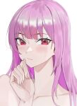 1girl absurdres bangs blush closed_mouth collarbone commentary darkzmonsty english_commentary highres hololive hololive_english long_hair mori_calliope nude pink_hair red_eyes simple_background solo upper_body virtual_youtuber white_background 