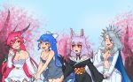  4girls animal_ears bao_(vtuber) blue_cape blue_hair bow breasts cape cherry_blossoms cleavage cloud9 collarbone commission dress elbow_gloves fox_ears fox_girl gloves grey_dress grey_hair hair_bow highres indie_virtual_youtuber looking_to_the_side medium_breasts monarch_(amalee) multiple_girls navel nijisanji nijisanji_en nina_kosaka one_eye_closed open_mouth pants ponytail red_eyes roshie_(leraleralaii) second-party_source smile vienna_(vtuber) virtual_youtuber white_bow white_dress white_gloves white_pants 