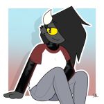  black_hair bottomwear catsuit_(disambiguation) chilling clothing denim denim_clothing ear_piercing female gradient_background hair horn jeans outline pants piercing rubber rubber_clothing rubber_suit simple_background skel solo unknown_character unknown_species yellow_eyes 