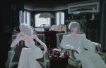  2girls absurdres antonio-reinhard chair cigar cup dress eyes_visible_through_hair grey_hair highres indoors long_sleeves multiple_girls old old_woman original shelf shoulder_pads sitting sleeveless smoke smoking table white_dress window 